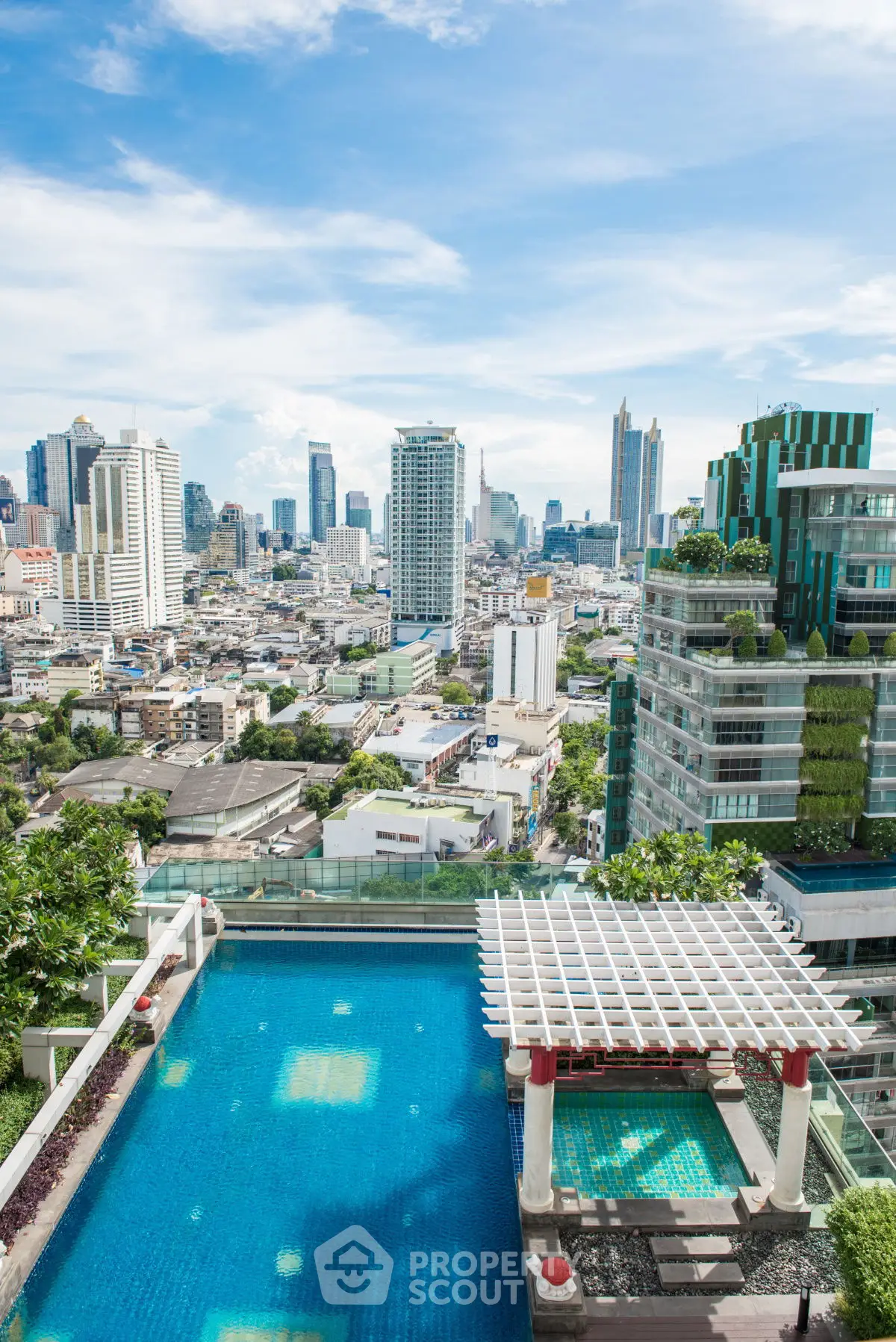 Stunning rooftop pool with panoramic city skyline views, perfect for luxury urban living.