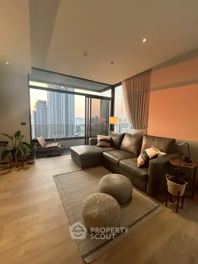 Modern living room with stunning city view and elegant decor