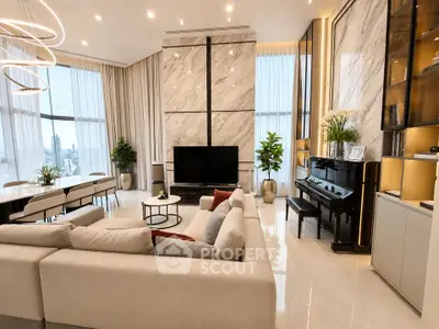 Luxurious modern living room with high ceilings, elegant decor, and stunning city views.
