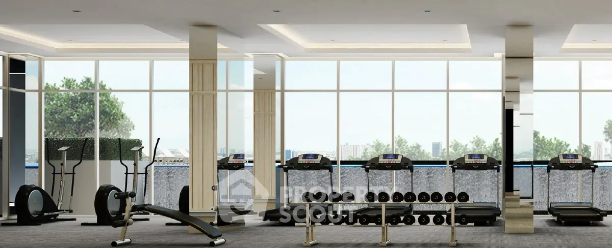 Luxurious gym with modern equipment and panoramic city views in upscale residential building.
