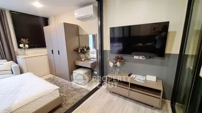 Modern bedroom with sleek furniture and wall-mounted TV, perfect for urban living.