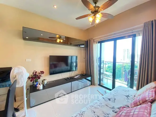 Modern living room with balcony view and stylish decor