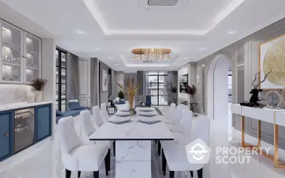 Elegant dining area with marble table, modern chandelier, and sophisticated white decor, perfect for stylish entertaining.