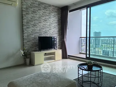 Modern living room with city view and stylish decor