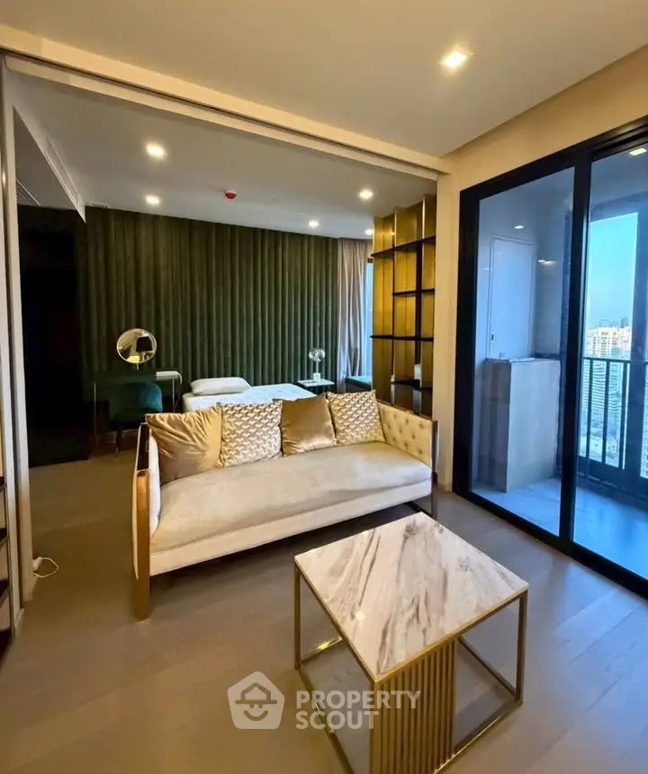 Luxurious living room with elegant decor and balcony view in modern apartment