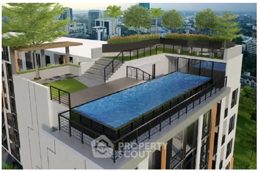 Stunning rooftop pool with city skyline views in modern high-rise building.