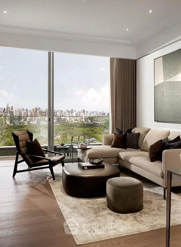Luxurious living room with panoramic city view, elegant furniture, and modern decor.