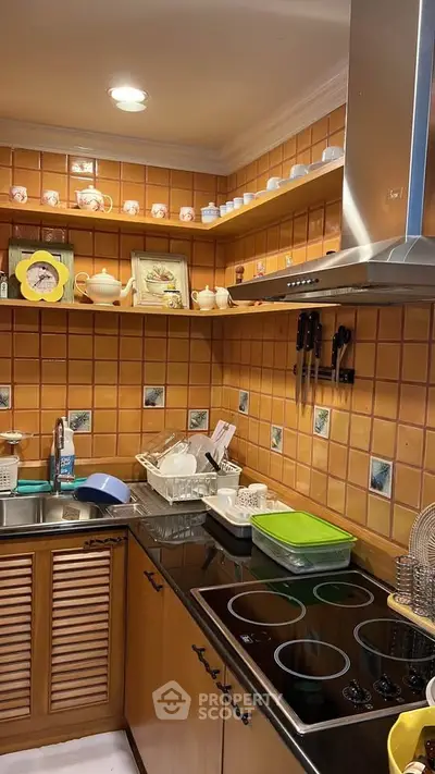 Charming kitchen with vintage tiles and modern appliances, featuring a sleek electric stove and ample storage.