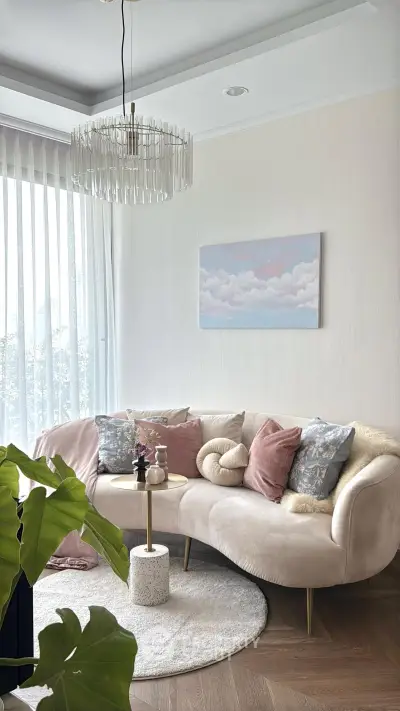 Stylish living room with elegant curved sofa and chic decor