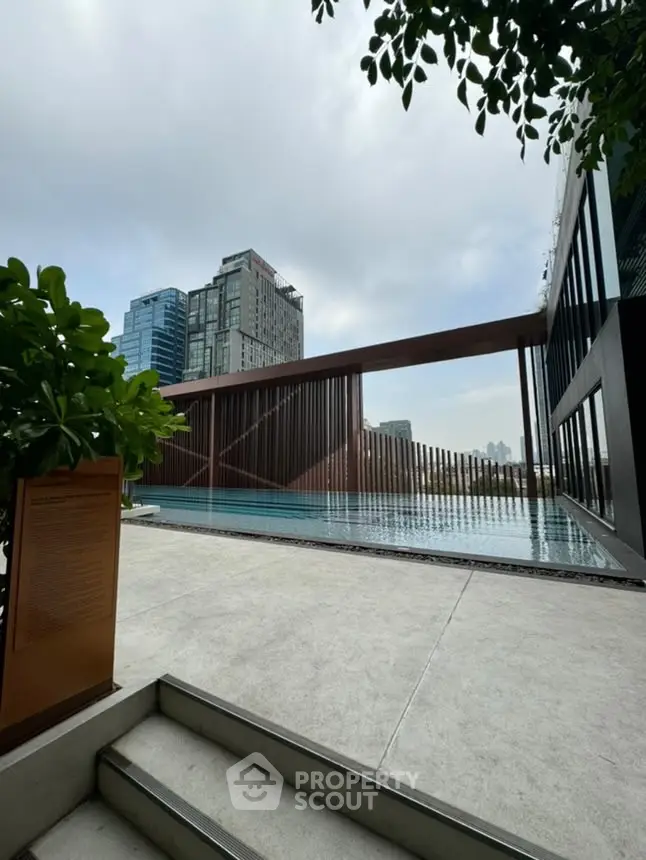 Luxurious rooftop pool with stunning cityscape views in modern high-rise building.