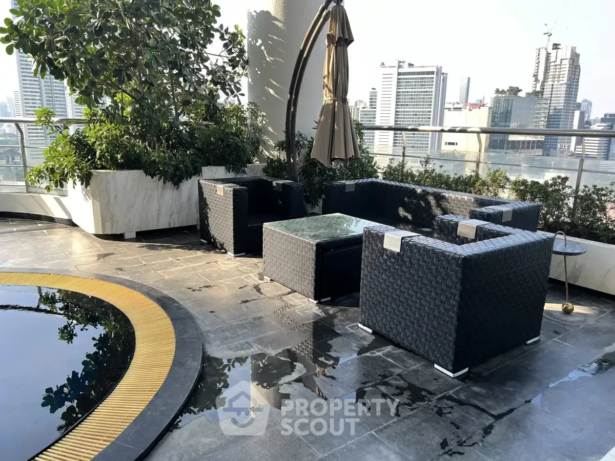 Luxurious rooftop terrace with modern seating and stunning city skyline view