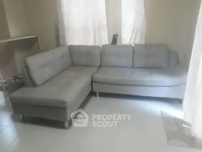 Cozy living room with modern gray sectional sofa and natural light.