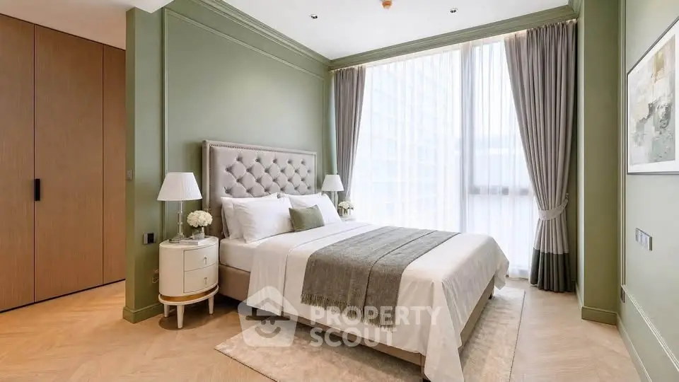 Elegant bedroom with large window and stylish decor in modern apartment