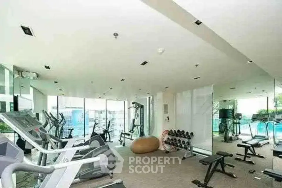 Modern gym with state-of-the-art equipment and panoramic city views.