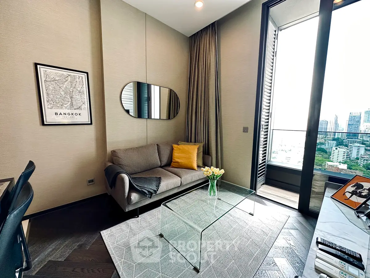 Stylish living room with modern decor and city view balcony in Bangkok apartment