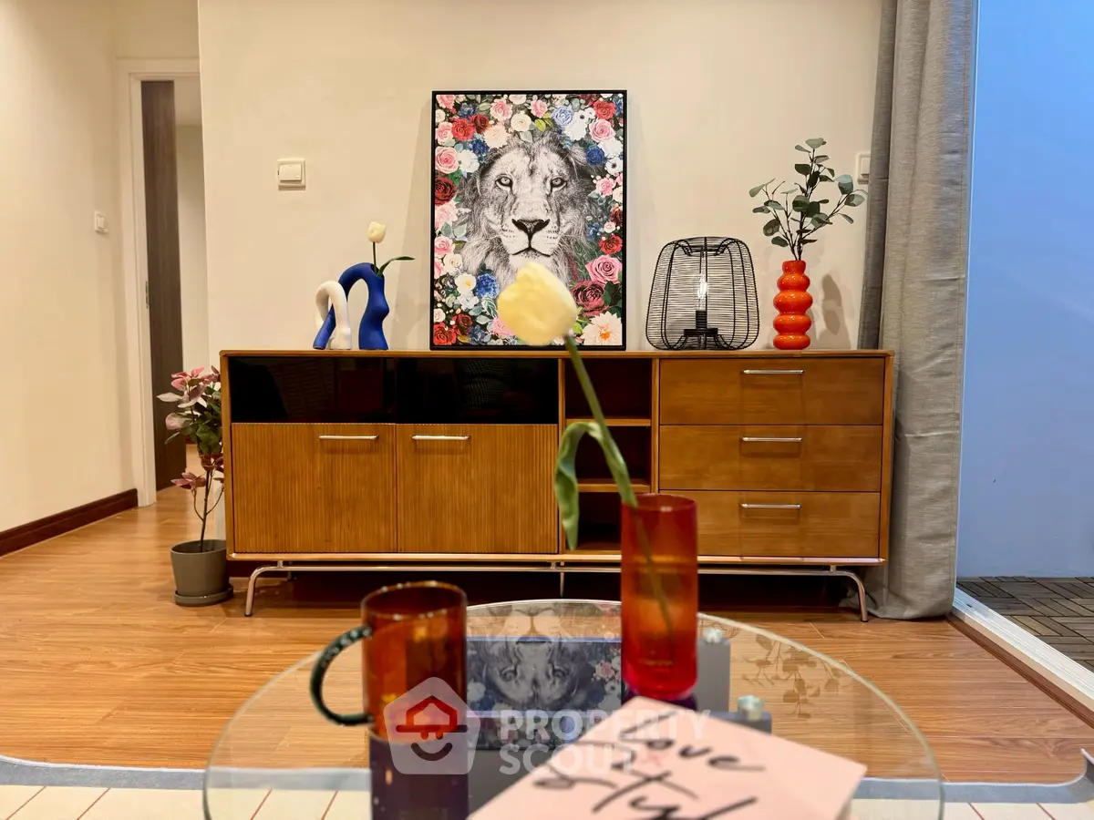 Stylish living room with modern decor and vibrant artwork