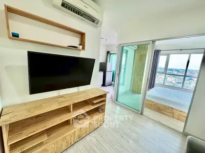 Modern apartment interior with wooden furniture and city view from bedroom