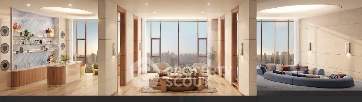 Luxurious modern living room with panoramic city views and elegant decor