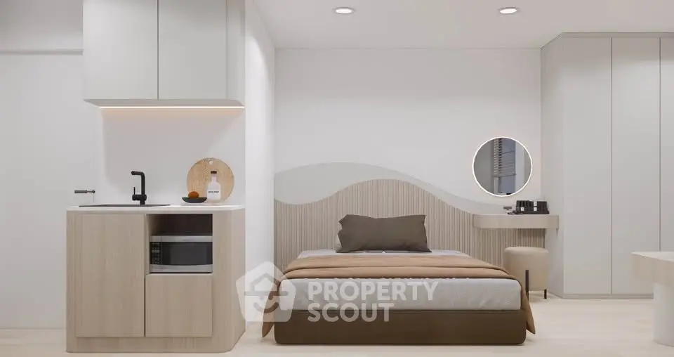 Modern bedroom with integrated kitchenette and stylish decor