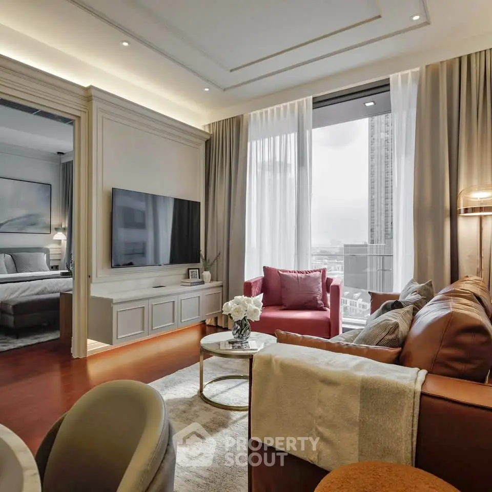 Luxurious living room with elegant decor and city view