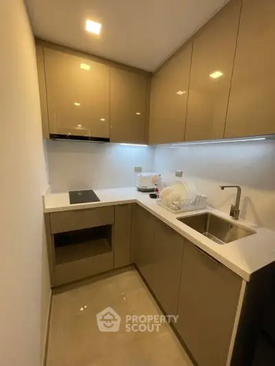 Modern compact kitchen with sleek cabinetry and integrated appliances