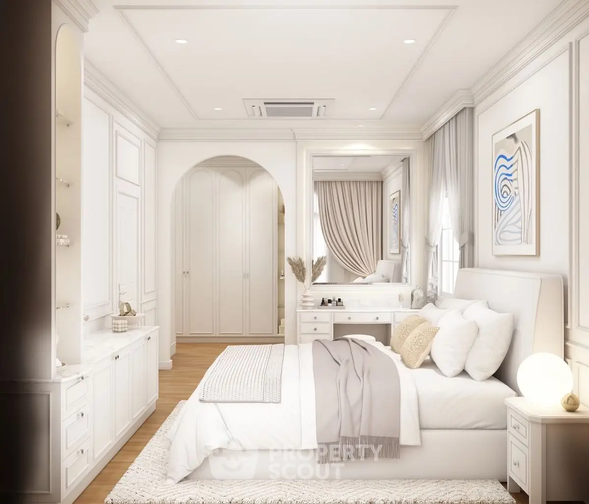 Luxurious white bedroom with elegant decor and cozy ambiance