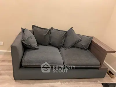 Modern gray sofa with plush cushions in a cozy living room setting.