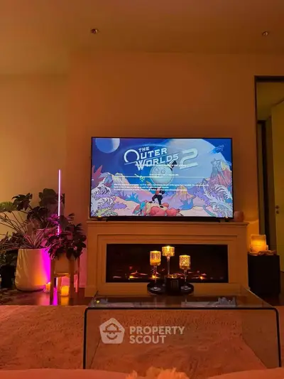 Cozy living room with modern decor and ambient lighting