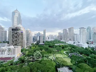 Stunning cityscape view with lush green park and modern skyscrapers.