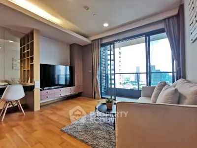 Modern living room with city view and stylish decor