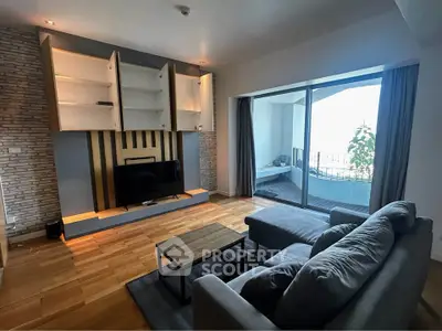 Modern living room with open shelving and balcony view