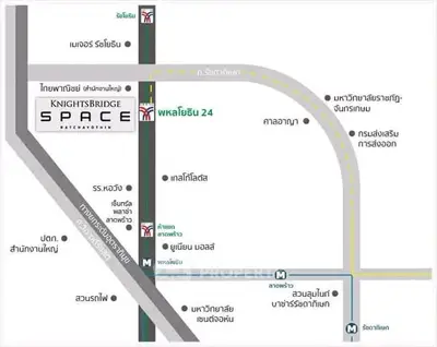 Map showing location of Knightsbridge Space Ratchayothin with nearby landmarks and transit options.