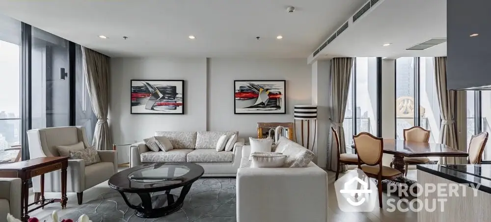 Luxurious modern living room with elegant furniture and city view, perfect for sophisticated urban lifestyle.