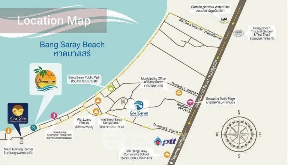 Location map of Bang Saray Beach area highlighting key attractions and amenities.