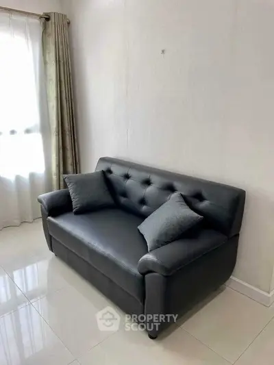 Cozy living room with elegant black leather sofa and natural light