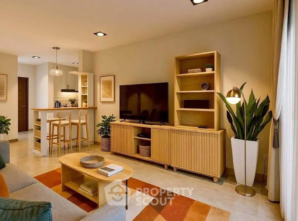 Modern living room with stylish furniture and open kitchen layout, perfect for cozy gatherings.