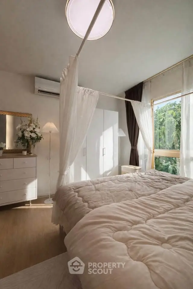 Elegant bedroom with natural light, featuring a cozy bed, stylish curtains, and modern decor.