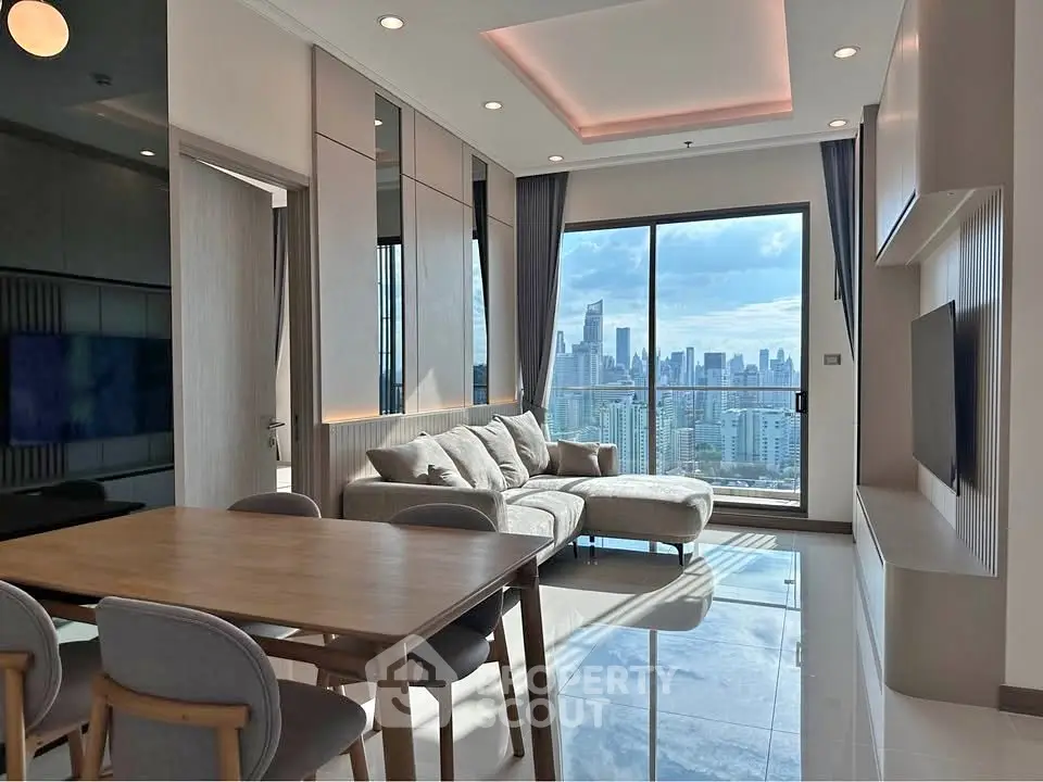 Modern living room with stunning city view and elegant furnishings