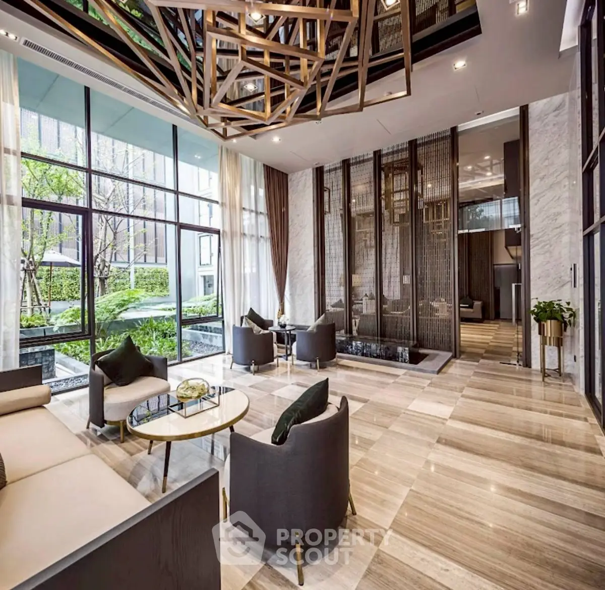 Luxurious modern living room with floor-to-ceiling windows and elegant decor