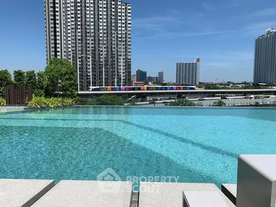 Luxurious rooftop pool with stunning cityscape views in modern high-rise building.