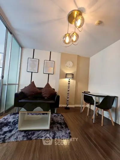 Modern living room with stylish decor and cozy seating area