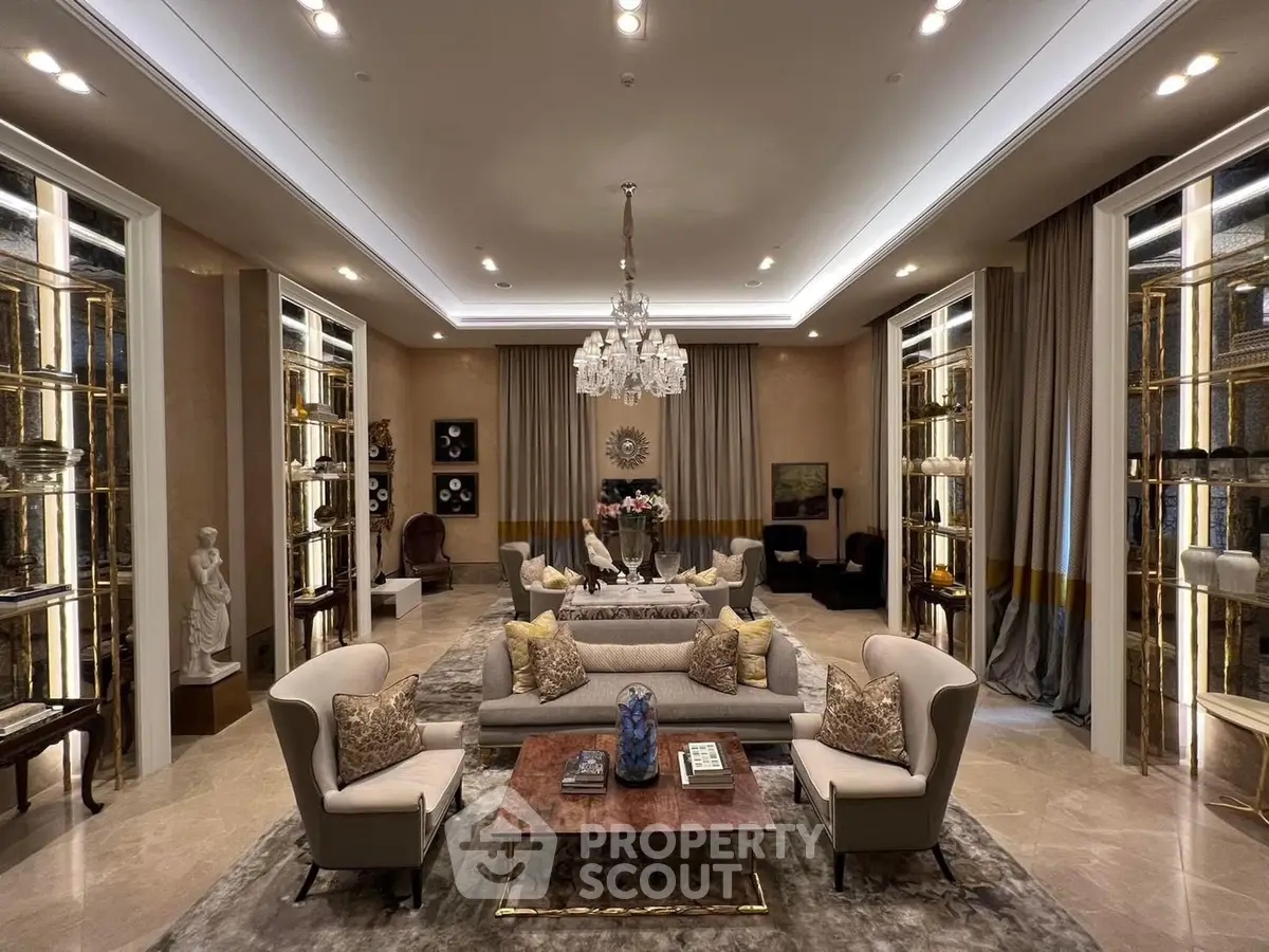 Luxurious living room with elegant decor, plush seating, and ambient lighting for sophisticated comfort.