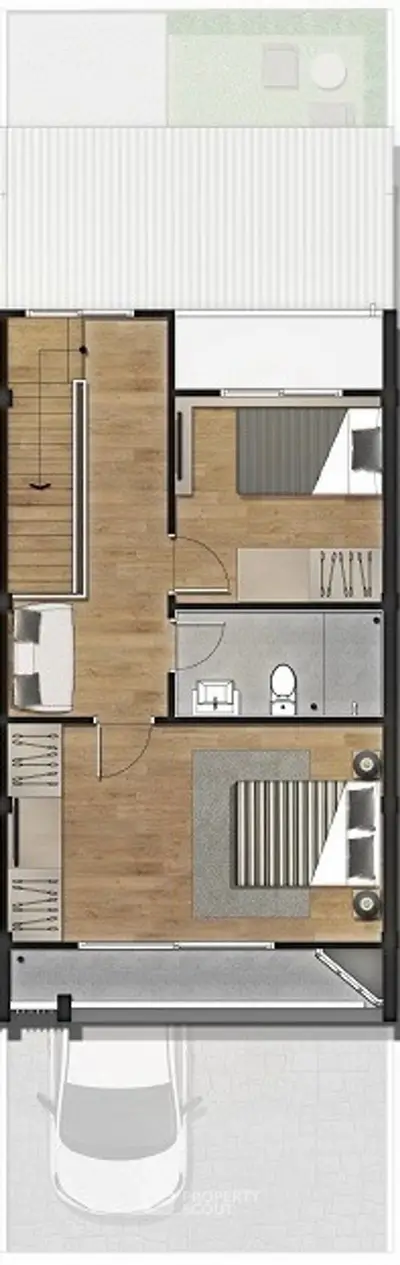 Modern floor plan with two bedrooms, bathroom, and carport, featuring sleek wooden flooring.