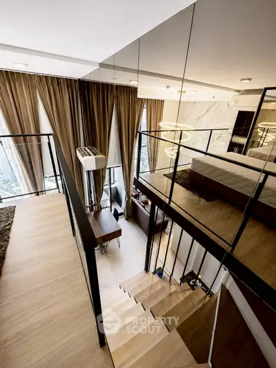 Luxurious modern loft with mezzanine bedroom and stylish living area, featuring floor-to-ceiling windows and elegant decor.