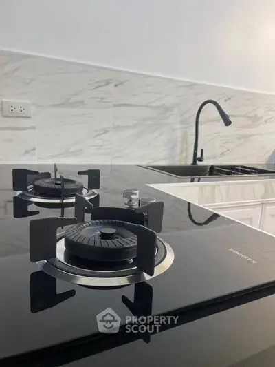 Modern kitchen with sleek gas stove and elegant marble backsplash
