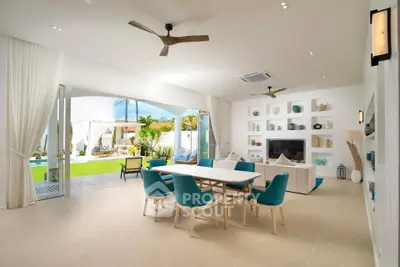 Spacious modern living room with open layout and garden view, featuring elegant decor and ample natural light.