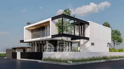 Modern architectural masterpiece with sleek lines and expansive windows, showcasing contemporary design in a serene setting.