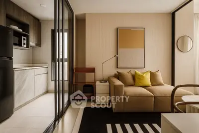 Modern living room with stylish decor and open kitchen layout