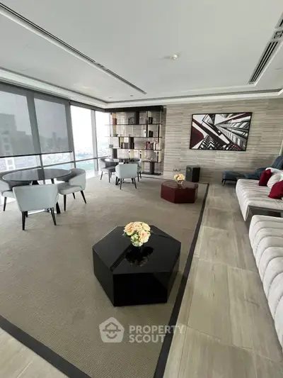 Luxurious modern living room with panoramic city views and elegant decor