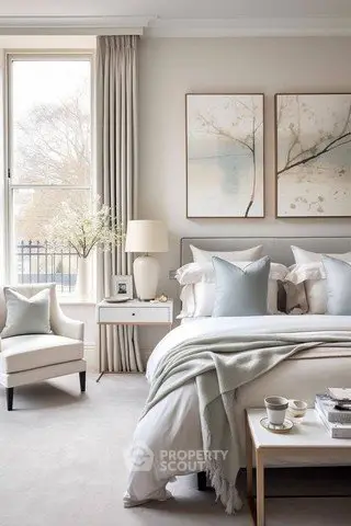 Elegant bedroom with large window, stylish decor, and cozy ambiance.